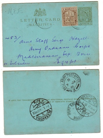 MAURITIUS - 1909 4c uprated postal stationery letter card to Egypt.  H&G 1.
