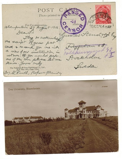 SOUTH AFRICA - 1916 1d rate postcard use to Sweden with PASSED/41/CENSOR h/s applied.