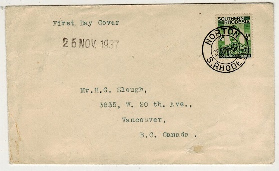 SOUTHERN RHODESIA - 1937 1/2d first day cover use to Canada from NORTON at 