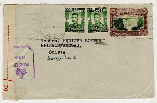 SOUTHERN RHODESIA - 1943 3d rate censored cover to Switzerland.