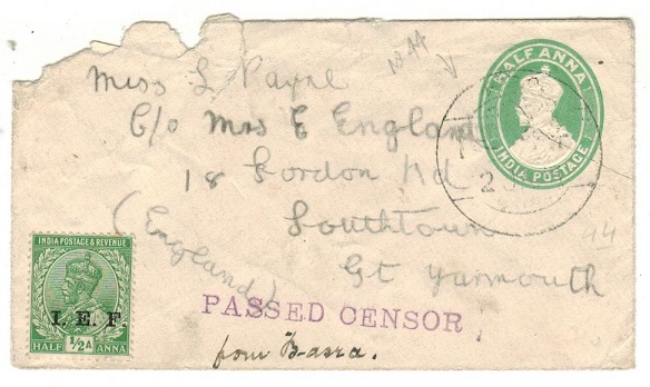 IRAQ - 1915 use of Indian 1/2a PSE censored to UK from FPO/No.44.