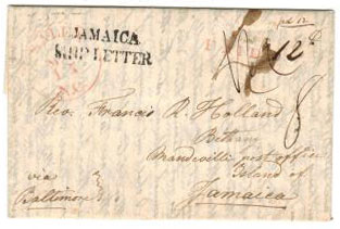 JAMAICA - 1849 stampless JAMAICA/SHIP LETTER entire.