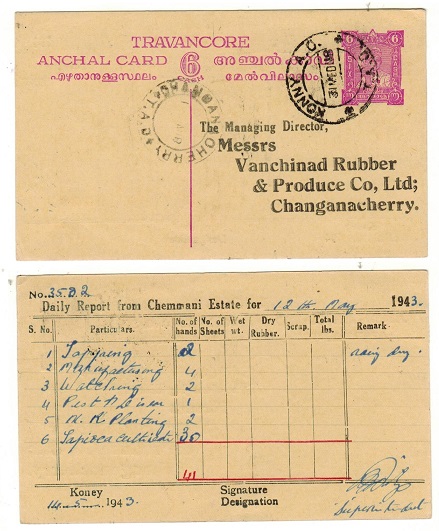 INDIA - 1941 6c bright purple PSC used at KONNY A.O./TAD. H&G 25.