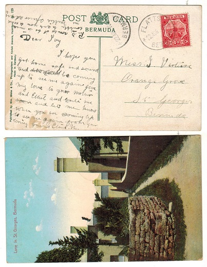 BERMUDA - 1910 1d rate postcard used locally from FLATTS.