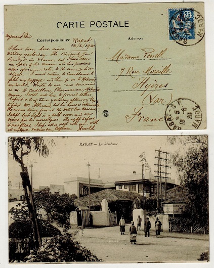 MOROCCO AGENCIES - 1920 25c/25c blue rate postcard use to France used at RABAT.