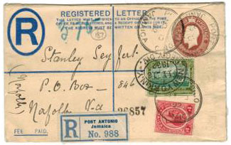 JAMAICA - 1913 2d+1d RPSE used from PORT ANTONIO.  H&G 1a.