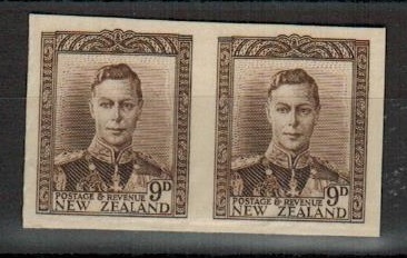 NEW ZEALAND - 1947 9d IMPERFORATE PLATE PROOF pair on thick card.
