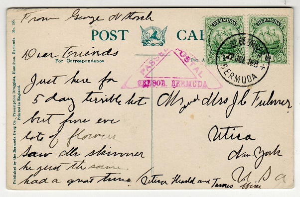BERMUDA - 1916 1d rate censored postcard use to USA used at ST.GEORGES.