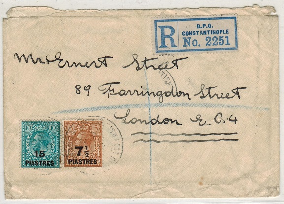BRITISH LEVANT - 1922 22 1/2p rate registered cover to UK used at CONSTANTNOPLE.