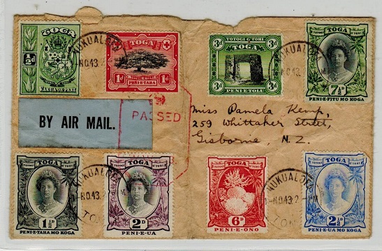 TONGA - 1943 multi franked registered cover to New Zealand with PASSED/ WW/3 censor h/s.