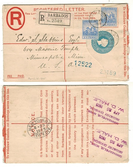BARBADOS - 1898 2d blue RPSE uprated to USA.  H&G 9a.