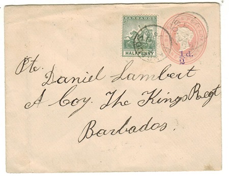 BARBADOS - 1892 1/2d violet on 1d pink PSE uprated locally military use.  H&G 2b.