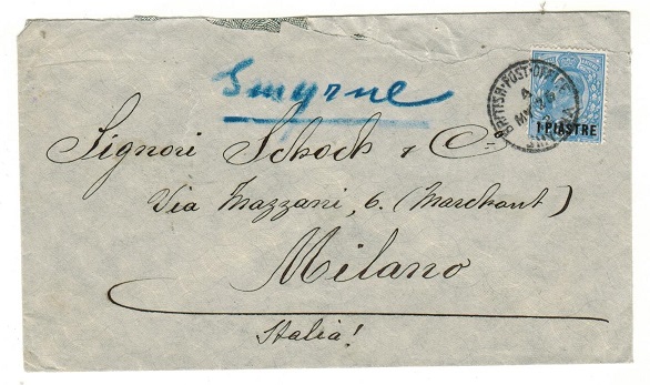 BRITISH LEVANT - 1912 1p on 2 1/2d rate cover to Italy used at SMYRNA.