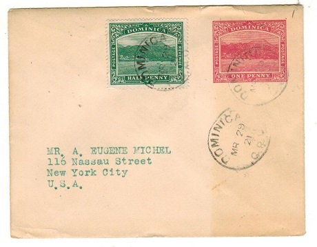 DOMINICA - 1903 1d carmine PSE uprated to USA (fault) used at DOMINICA/GPO.  H&G 1.