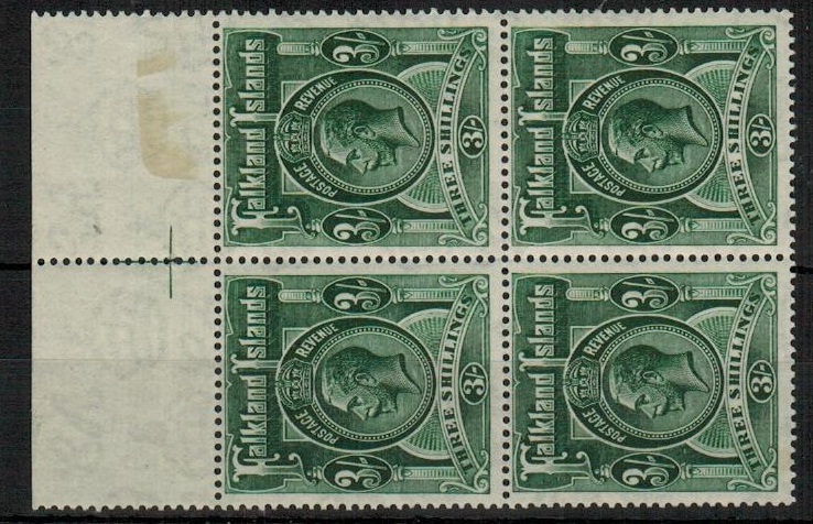 FALKLAND ISLANDS - 1923 3/- slate green  fine unmounted mint top marginal block of four.  SG 80.
