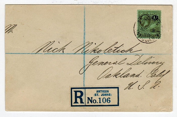 ANTIGUA - 1929 registered cover to USA bearing 1/- used at ST.JOHNS.