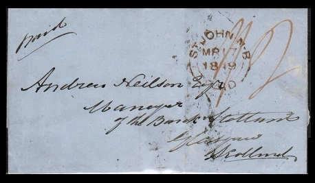 NEW BRUNSWICK - 1849 outer wrapper to UK cancelled ST.JOHN NB/PAID.