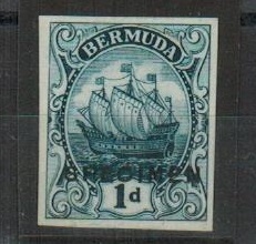 BERMUDA - 1910 1d imperforate PRINTERS TRIAL in indigo overprinted SPECIMEN.