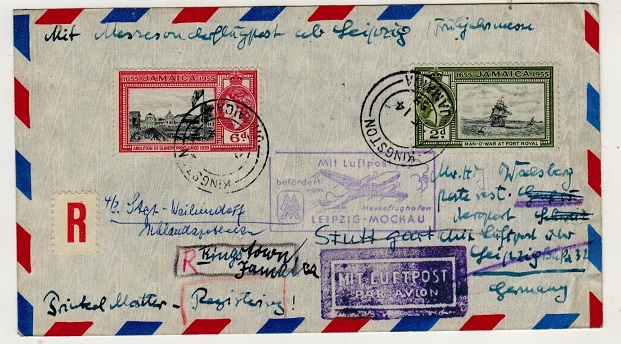 JAMAICA - 1955 flight cover to Germany with  MIT LUFTPOST/LEIPZIG-MOCKAU cachet.