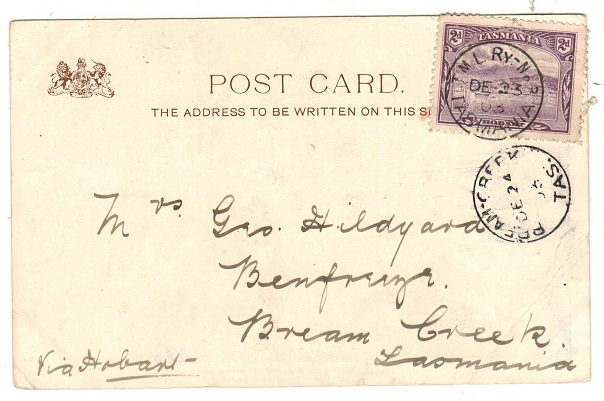 TASMANIA - 1903 2d rate local postcard carried by T.M.L.RY-No.3. Scarce railway strike.