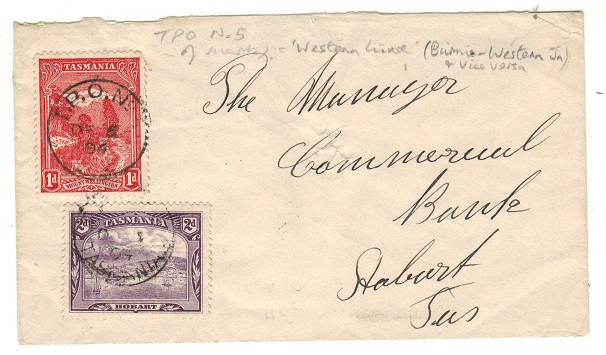 TASMANIA - 1904 3d rate local cover used on T.P.O.No.5. A scarce railway strike.