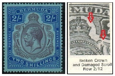 BERMUDA - 1927 2/- fine mint with BROKEN CROWN AND SCROLL variety.  SG 88b.
