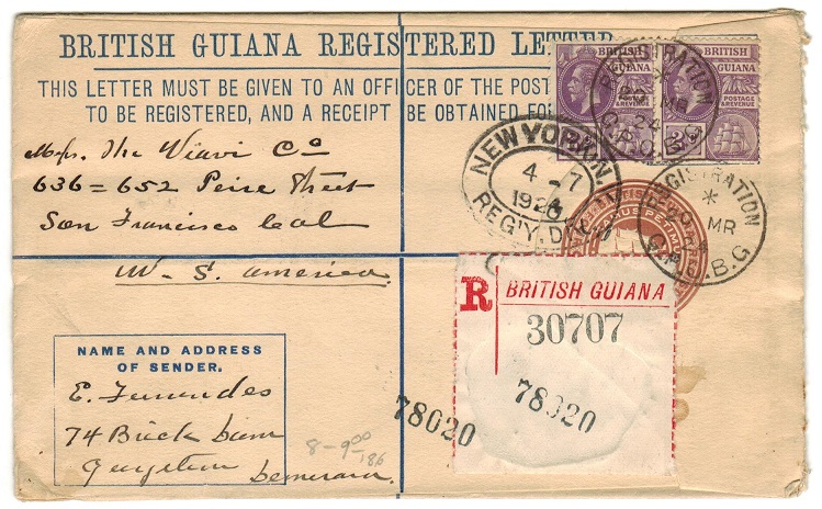 BRITISH GUIANA - 1922 4d brown RPSE uprated to USA used at REGISTRATION/GPO. B.G.  H&G 8.