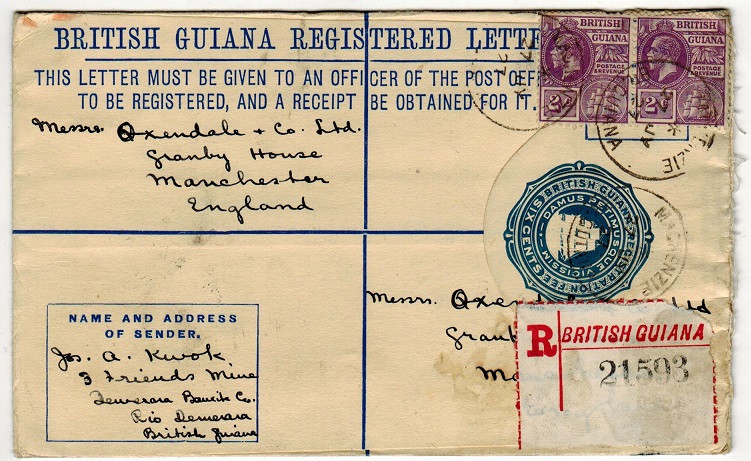BRITISH GUIANA - 1923 6c blue RPSE uprated to UK used at MACKENSZIE.  H&G 9a.