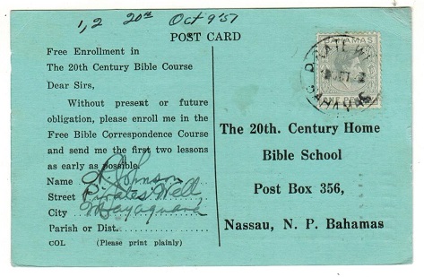 BAHAMAS - 1951 use of bible course card locally 
used at PIRATE WELL/BAHAMAS cds.
