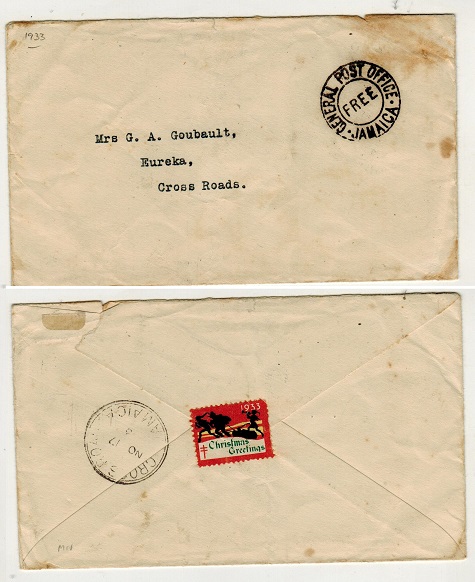 JAMAICA - 1933 local stampless cover cancelled
GENERAL POST OFFICE/FREE/JAMAICA.