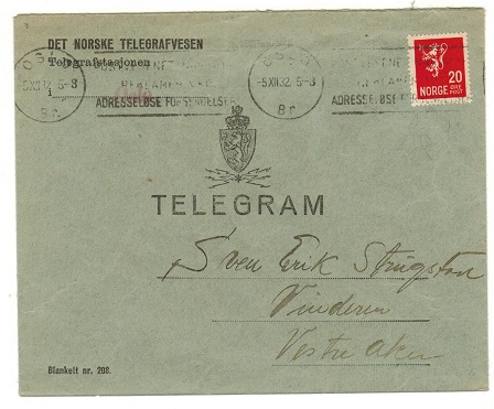 NORWAY - 1932 TELEGRAM envelope bearing 20 ore adhesive used at OSLO.