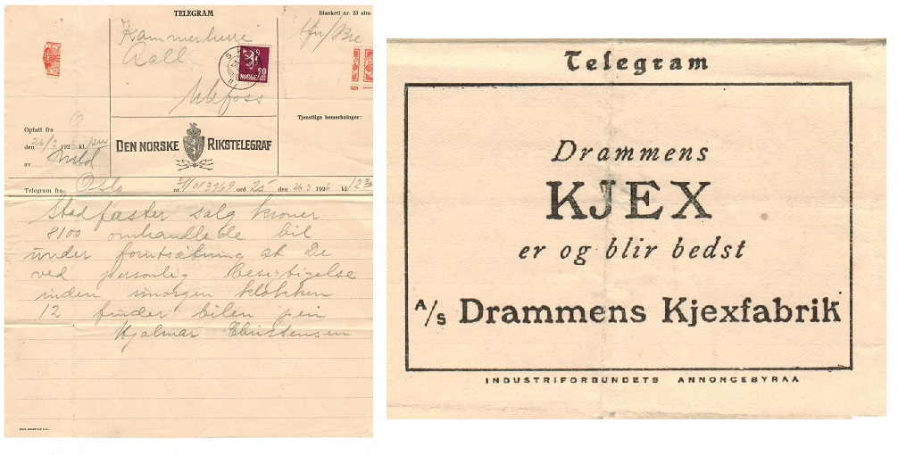 NORWAY - 1926 TELEGRAM sheet used locally bearing 20 ore adhesive used at SKIEN.