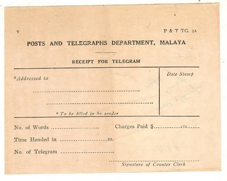 MALAYA - 1930 (circa) TELEGRAM receipt form unused.