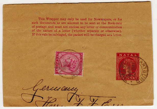 NATAL - 1885 1d carmine postal stationery wrapper uprated to Germany used at WARTBURG.  H&G 2.