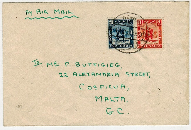 CYRENAICA EMIRATE - 1950 28m rate cover to Malta used at DERNA 2.