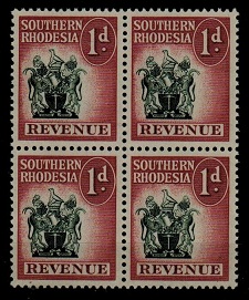 SOUTHERN RHODESIA - 1952 1d REVENUE unmounted mint block of four.