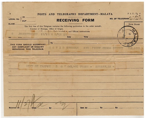 MALAYA - 1938 TELEGRAM 