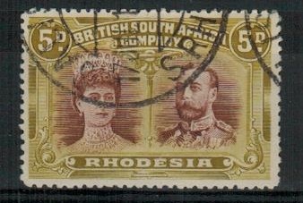 RHODESIA - 1910 5d purple brown and olive yellow fine used.  SG 141a.