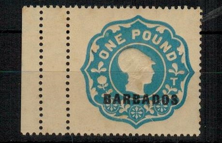 BARBADOS - 1923 1 blue embossed REVENUE adhesive mint.