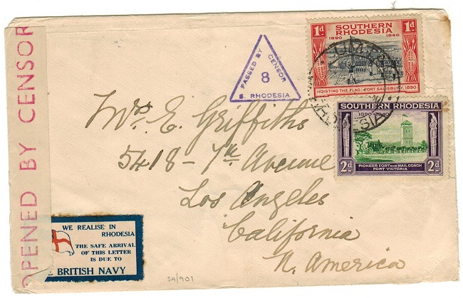 SOUTHERN RHODESIA - 1940 (circa) WE REALISE IN RHODESIA patriotic labelled censor cover to USA.