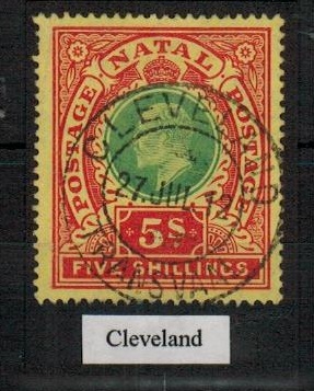 TRANSVAAL - 1912 5/- of Natal (SG 169) cancelled CLEVELAND/TRANSVAAL.