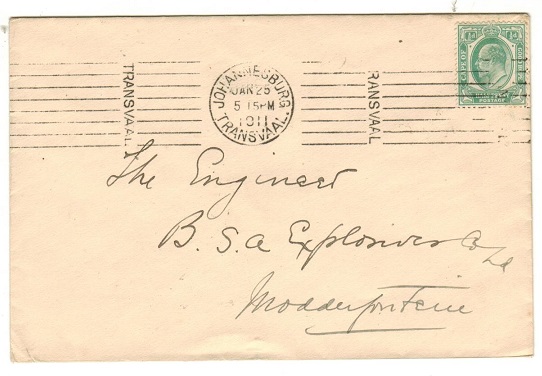 TRANSVAAL - 1911 1/2d rate cover to Moddenfontein with Cape adhesive used at JOHANNESBURG.