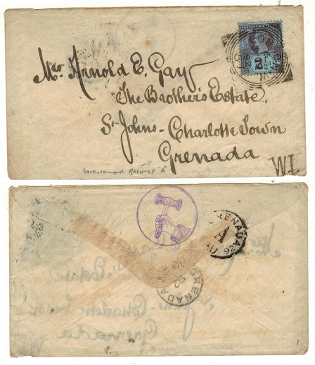 GRENADA - 1892 inward cover from UK with GRENADA/A parish arrival b/s.