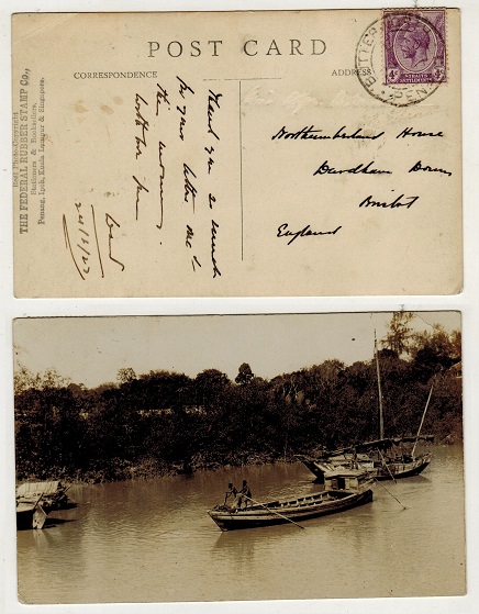 MALAYA - 1927 4c rate postcard use to UK used at BUTTERWORTH/PENANG.