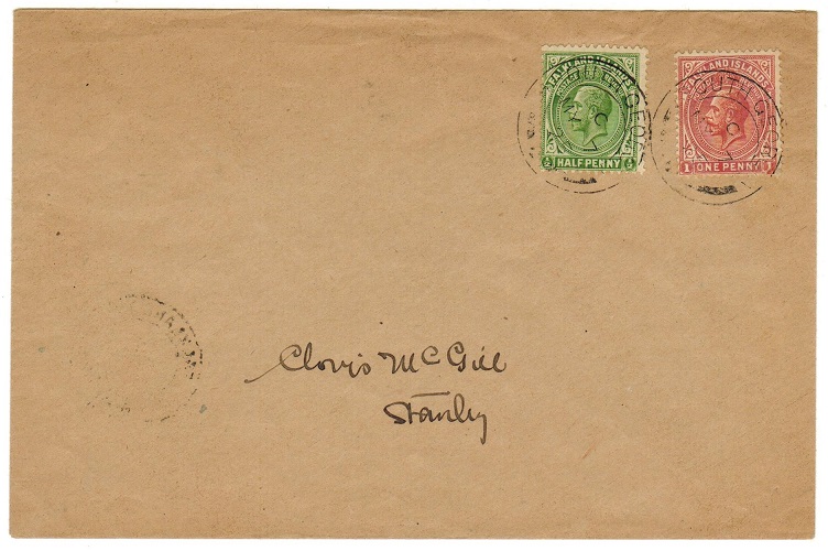 FALKLAND ISLANDS - 1925 1 1/2d rate local cover to Stanley used at SOUTH GEORGIA.