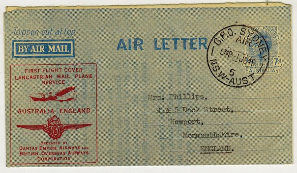 Australia - 1945 7d blue air letter used on Qantas first flight to UK.
