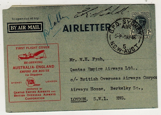 AUSTRALIA - 1946 7d blue air letter used on the Qantas first flight to UK. Pilot signed.