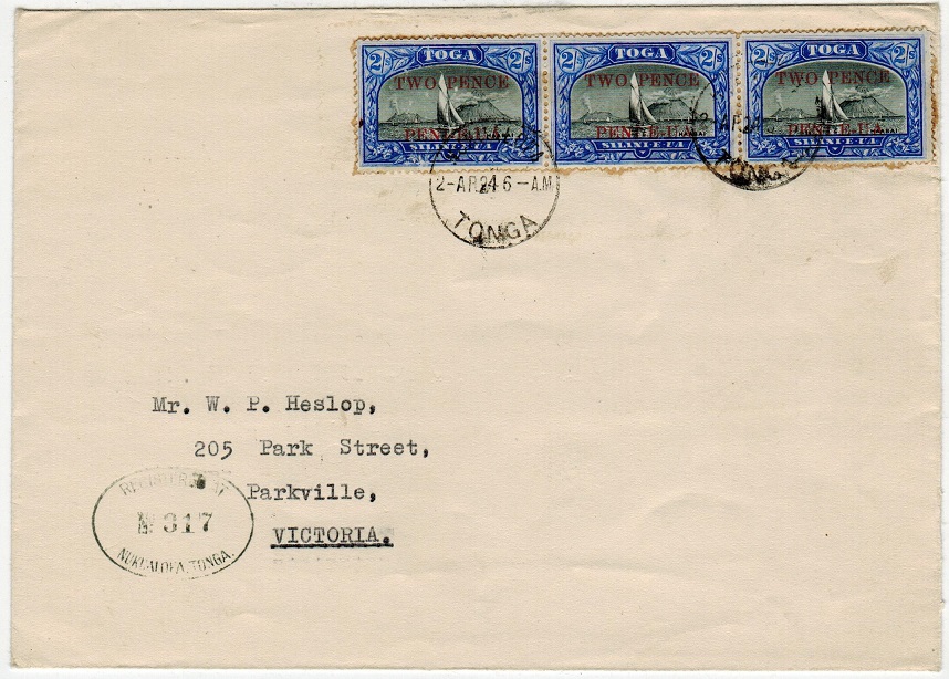 TONGA - 1924 2d on 2/- (x3) registered cover to Australia used at NUKUALOFA.