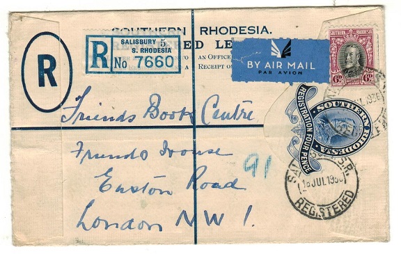 SOUTHERN RHODESIA - 1931 4d dark blue RPSE uprated to UK used at SALISBURY.  H&G 2.
