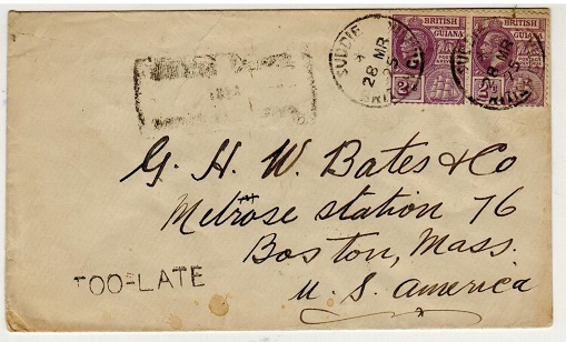 BRITISH GUIANA - 1925 4c rate local cover used at SUDDIE with TOO LATE h/s applied.